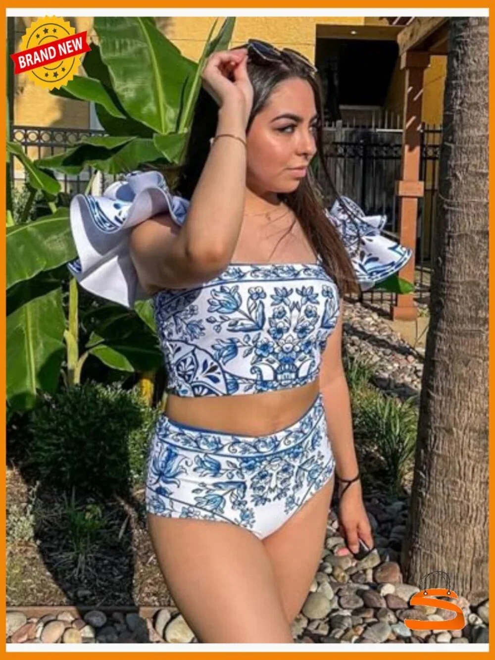 Large Ruffle Bikini Set with Sarong, Polyester Spandex, V-Neck Off Shoulder
